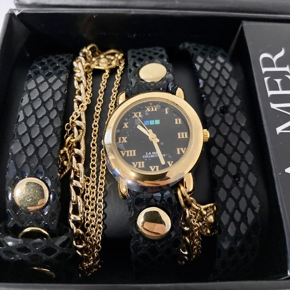 NIB LA MER Black Multichain Snakeskin Design Watch main image 5